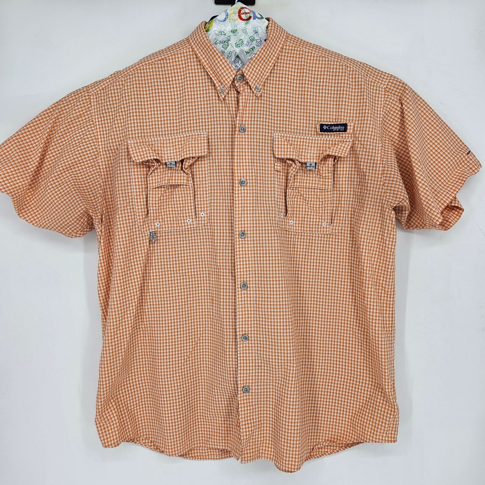 Columbia Shirt‎ Mens XL Super Bahama PFG Performance Fishing Orange Checkered